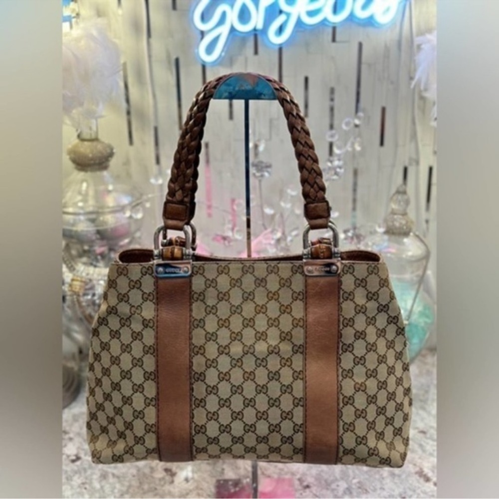 Authentic Gucci Libeccio Bamboo Canvas Large Tote w/COA